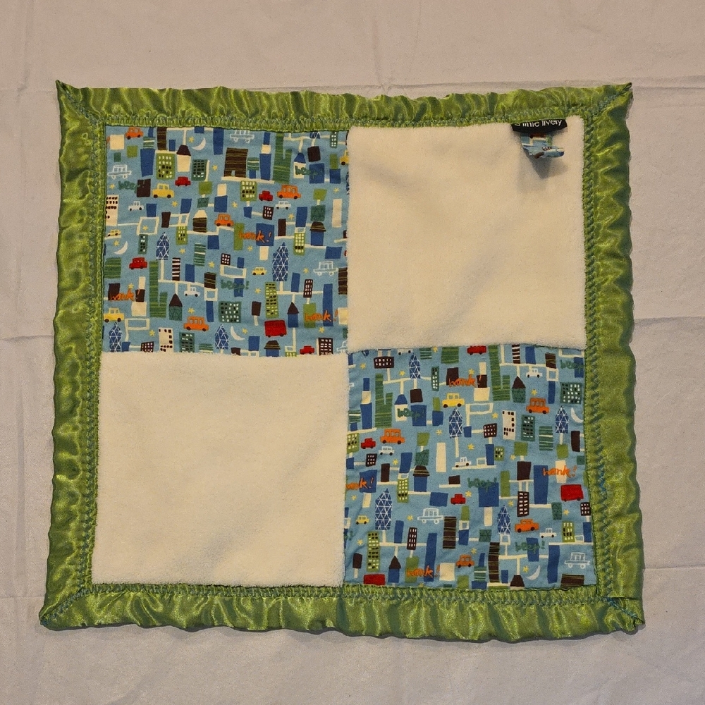 A Little Lively Baby Security Blanket Lovey Green Satin Blue Cars City Print